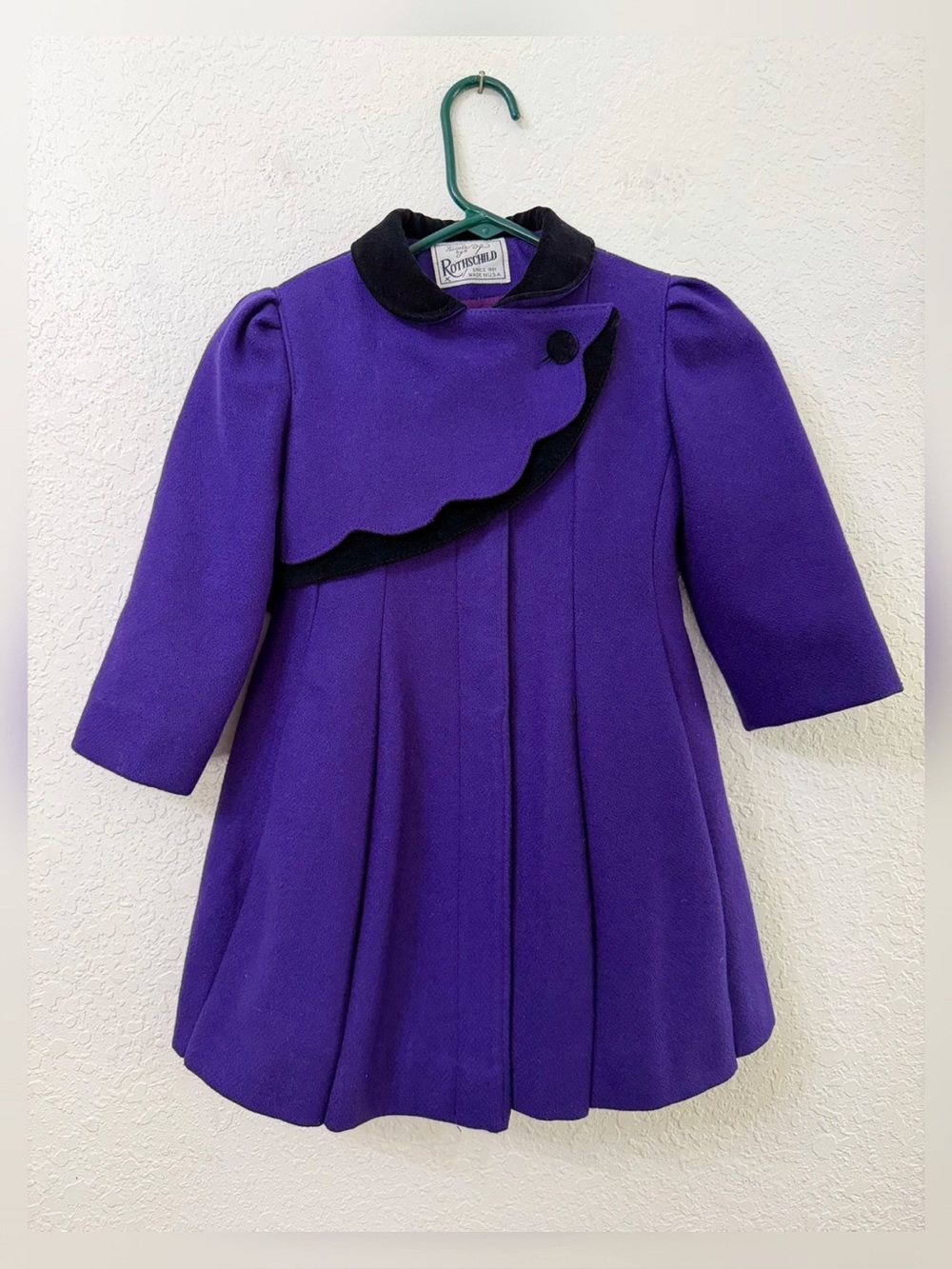 Vintage Rothschild Girls Wool Coat Purple Black Velvet Collar Scallop Front - 5